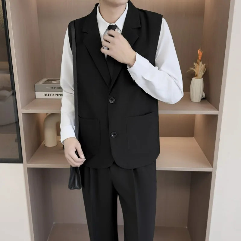 Summer Suit Vest Turn Down Collar Single-breasted Male Waist Sleeveless Pocket Versatile Business Casual Man Coat