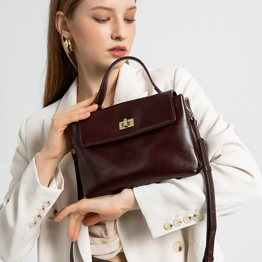 Genuine Leather Top Handle Crossbody Bag for Women Vintage Oil Wax Leather Shoulder Bag Small Luxury Designer Satchel Handbag