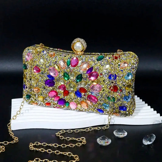 Golden Metal Pearl Rhinestones Glitter Evening Bags Small Lady Prom Dinner Luxury Night Gift Girlfriend Purse Acrylic Diamonds E