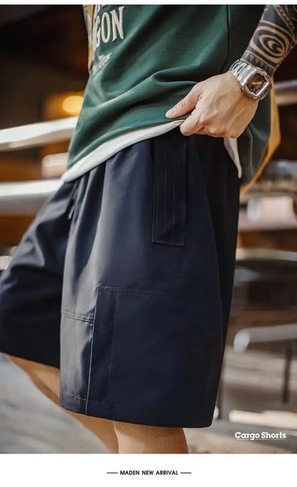 Men's Outdoor Casual Cargo Shorts Elastic Waist Drawstring Shorts with Reflective Strip and Multiple Pockets Loose Bottoms