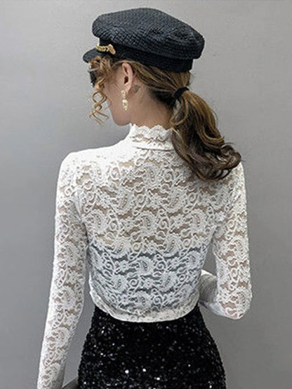Blouse Women Transparent Lace T Shirt Stretch Turtleneck Petal Sleeve Girl Blusas Mujer De Moda Black White Apricot Shirt Tops