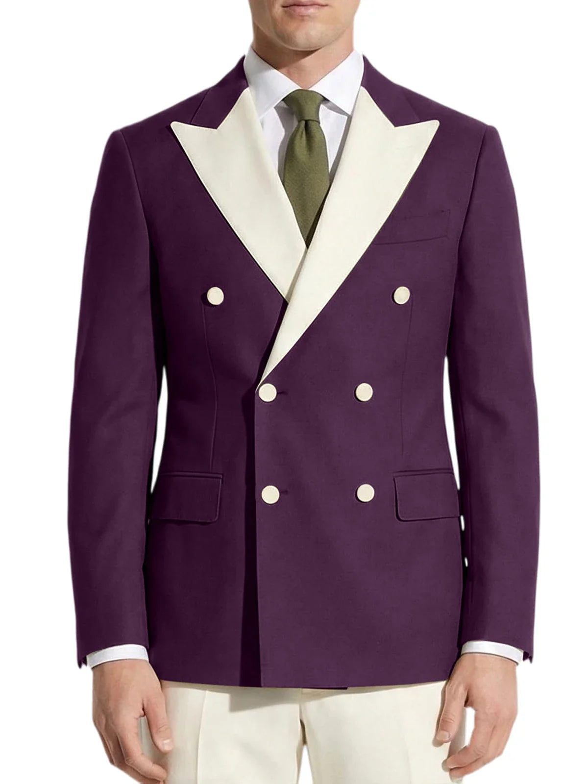 Classic Men's Tuxedo Jacket White Peak Lapel Patched Double Breasted Slim Fit Blazer for Business Formal Wedding Groom Prom Coat