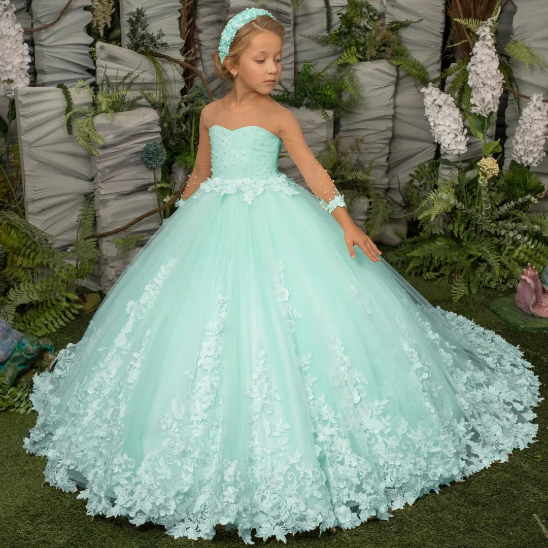 Customized Flower Girl Dress Light Champagne Pearls Floral Appliques Long Sleeve For Wedding Birthday Prom Holy Communion Gown