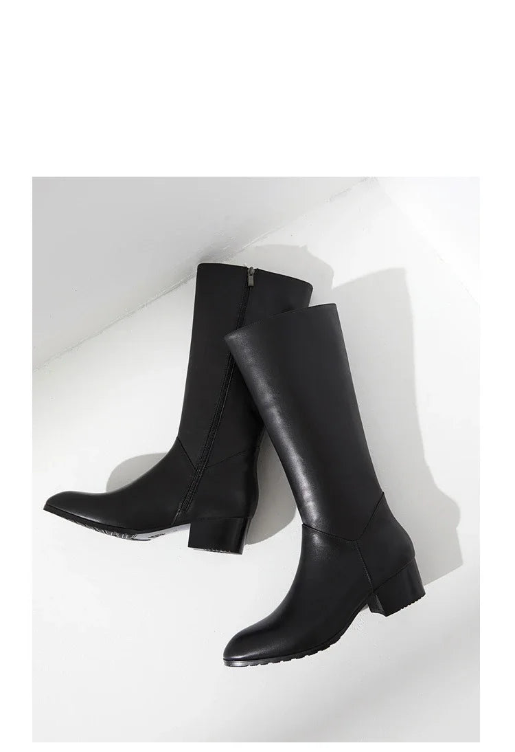 Italian Classic Men's Knee High Boots 5 Cm Heels Luxury Genuine Leather Comfortable Winter Warm Black Business Shoes Boots Man