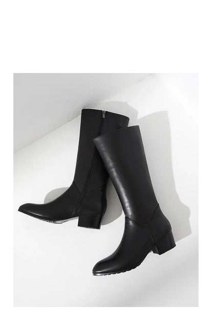 Italian Classic Men's Knee High Boots 5 Cm Heels Luxury Genuine Leather Comfortable Winter Warm Black Business Shoes Boots Man