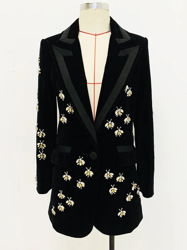 HIGH STREET Newest 2026 F/W Designer Jacket Women's Single Button Stunning Rhinestone Diamonds Beaded Bee Velvet Long Blazer