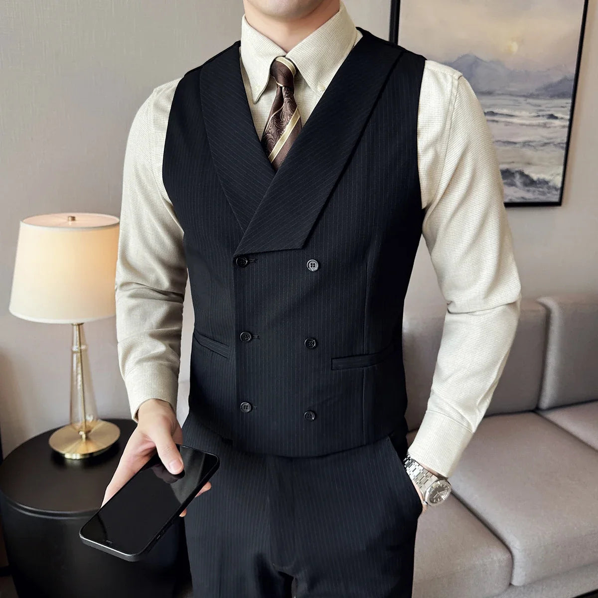 ( Vest + Pants) Double Breasted Stripe Suit Vest With Pants New Men Fashion Slim Business Casual Wedding Dress Vest 2 Pcs Sets