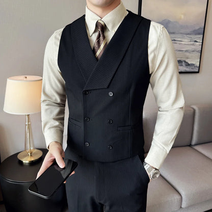 ( Vest + Pants) Double Breasted Stripe Suit Vest With Pants New Men Fashion Slim Business Casual Wedding Dress Vest 2 Pcs Sets