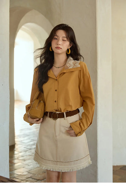 Autumn Solid Cotton Shirt Autumn V-neck Double-layer Lace Retro Design Shirts Single Breasted Tops Office Lady MXE41C2366