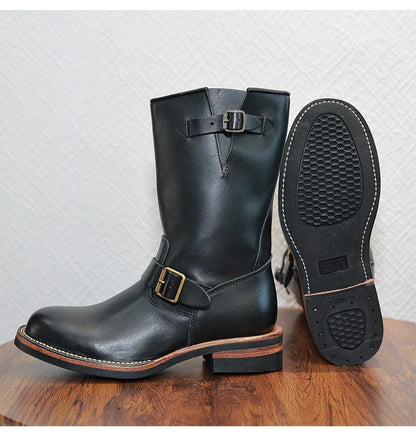 Retro American Motorcycle Boots Long Tube Genuine Leather Engineer Boots Men Knight Style Boots Outdoor Youth Fashion Boots