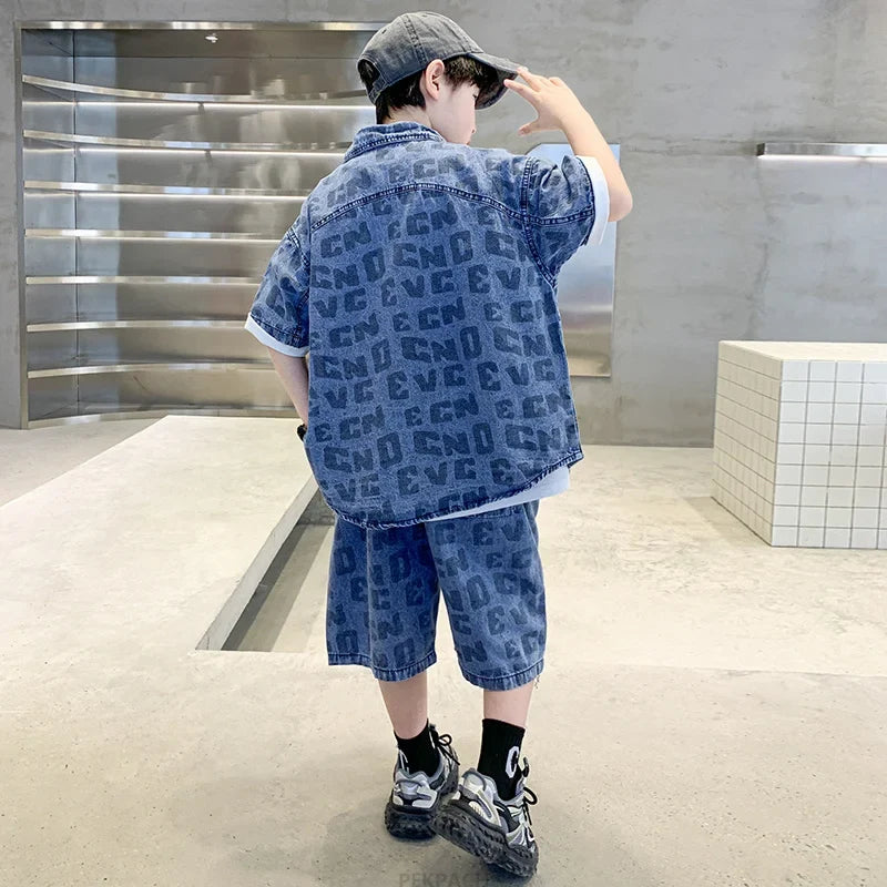 Kids Summer Casual Clothing Set for Tween Boys Shirt And Short Denim 2 Piece Outfit Set Teens Child Cool Streetwear Suit Wear