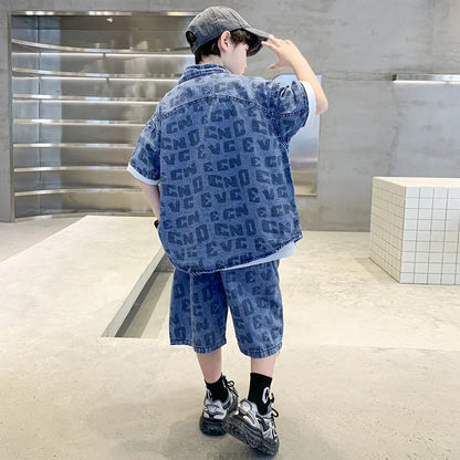 Kids Summer Casual Clothing Set for Tween Boys Shirt And Short Denim 2 Piece Outfit Set Teens Child Cool Streetwear Suit Wear