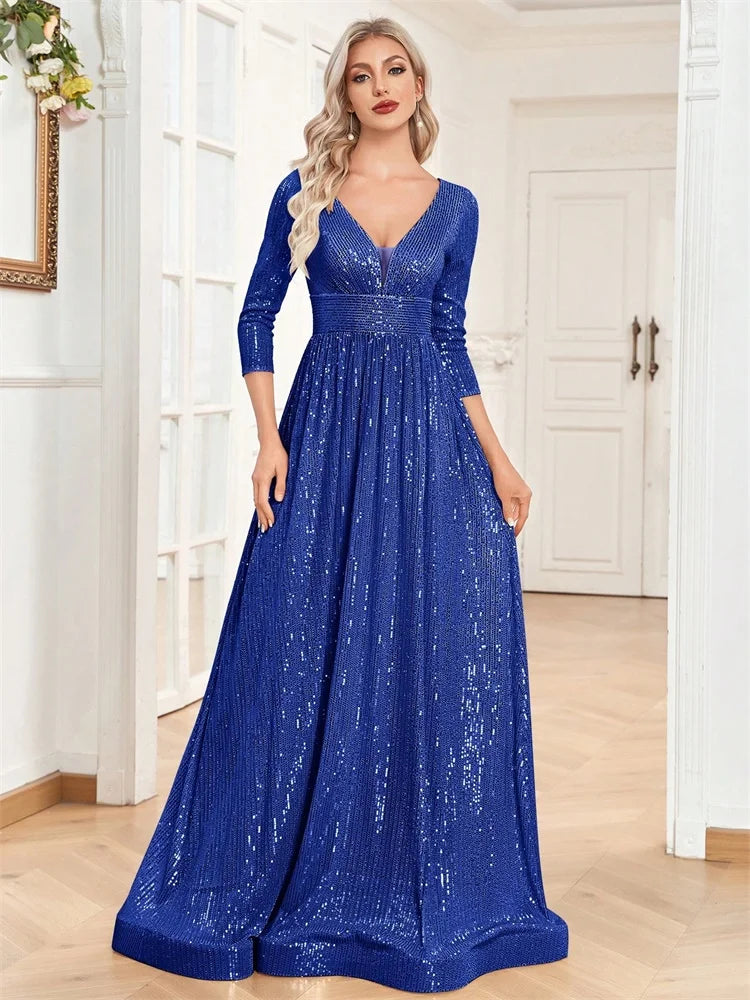 Luxury V Neck Long Sleeves Blue Sequins Formal Evening Dress Women 2025 Wedding Party Prom Maxi Cocktail Dress Gowns