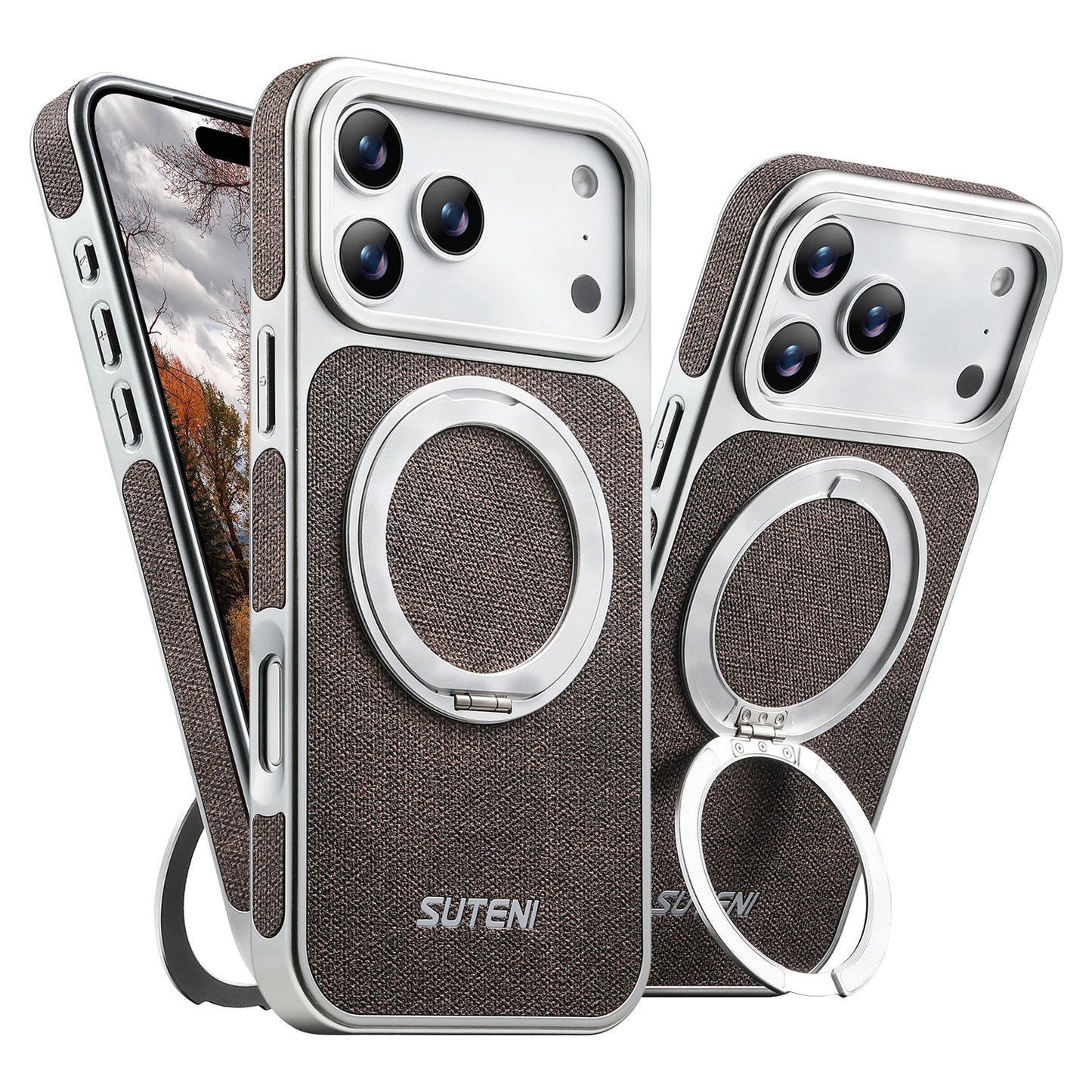 Faux Leather Magnet Wireless Charging Phone Case 360° Rotating Stand Ring Buckle Frosted Feel For iPhone 17 Pro Max 16 15