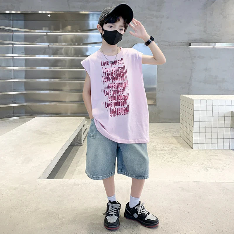 2025 New Summer Outfit Sets for Boys Sleeveless Tshirt And Denim Shorts 2 Pieces Tracksuit Kids Child Stylish Sports Suits 5-14Y