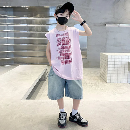 2025 New Summer Outfit Sets for Boys Sleeveless Tshirt And Denim Shorts 2 Pieces Tracksuit Kids Child Stylish Sports Suits 5-14Y