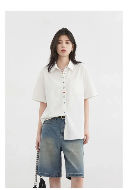 Fashion Women Shirt Short Sleeve Loose Casual Design Button Embroidered Placket Female Blouses Cotton Coat Summer 2026