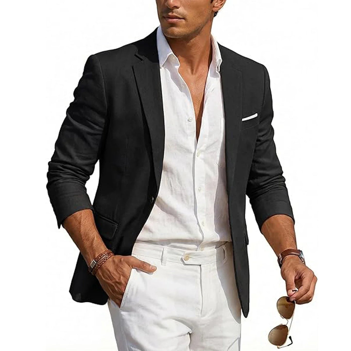 Men's Casual Linen Blazer Slim Fit Formal Business Lightweight One Button Suit Jacket for Spring/Summer Beach Wedding Sport Coat