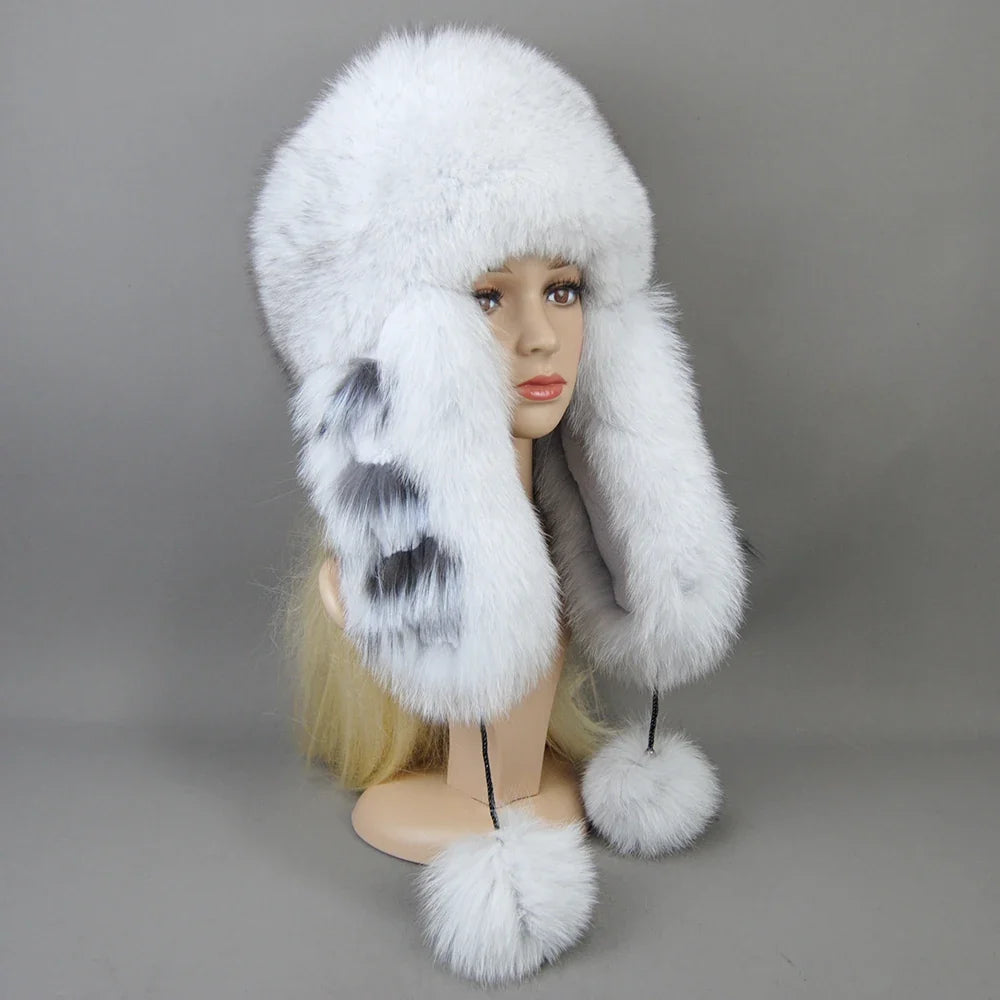 Hot Sale Lady Winter Warm Luxury 100% Natural Fox Fur Hat Fashion Fluffy Fox Fur Rex Rabbit Fur Caps Women Real Fur Bomber Hats