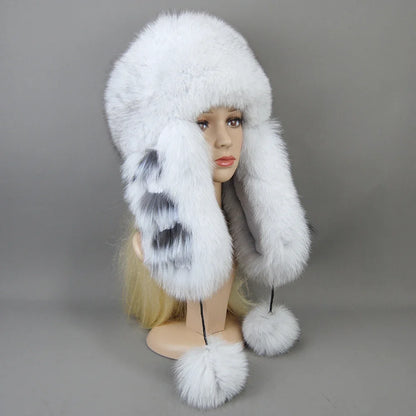 Hot Sale Lady Winter Warm Luxury 100% Natural Fox Fur Hat Fashion Fluffy Fox Fur Rex Rabbit Fur Caps Women Real Fur Bomber Hats