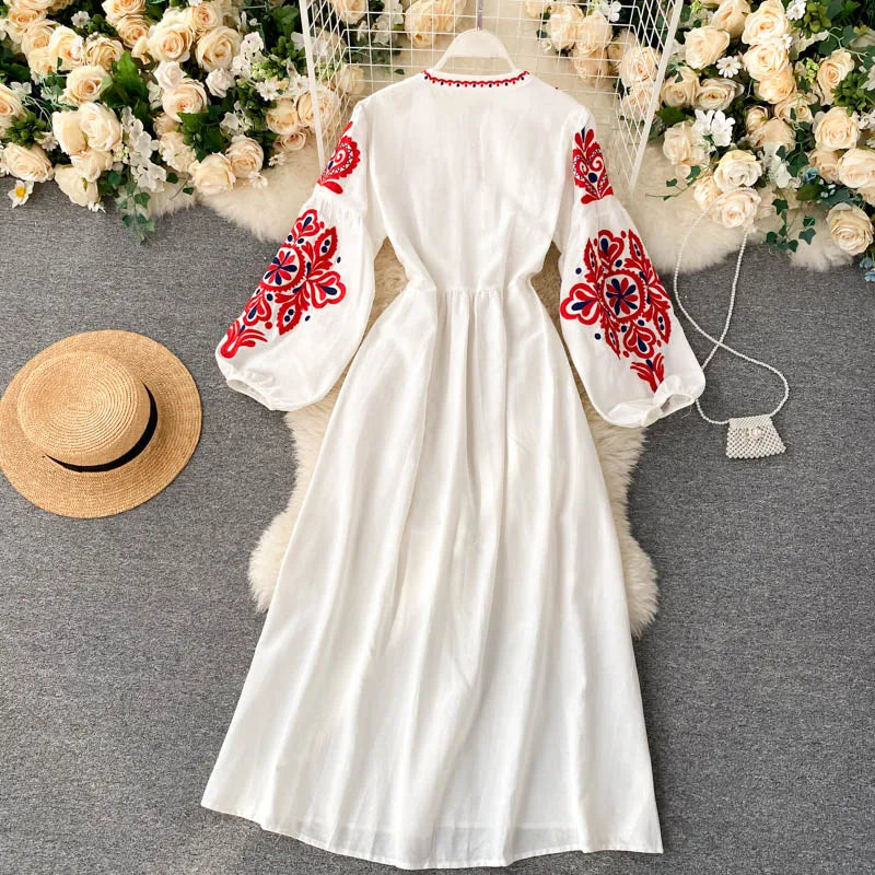 n Sle Embroidered Flower Long Sve Loose Fit Lantern Sve Gathered Slimming A-Line Dr Women's round Ne Dr