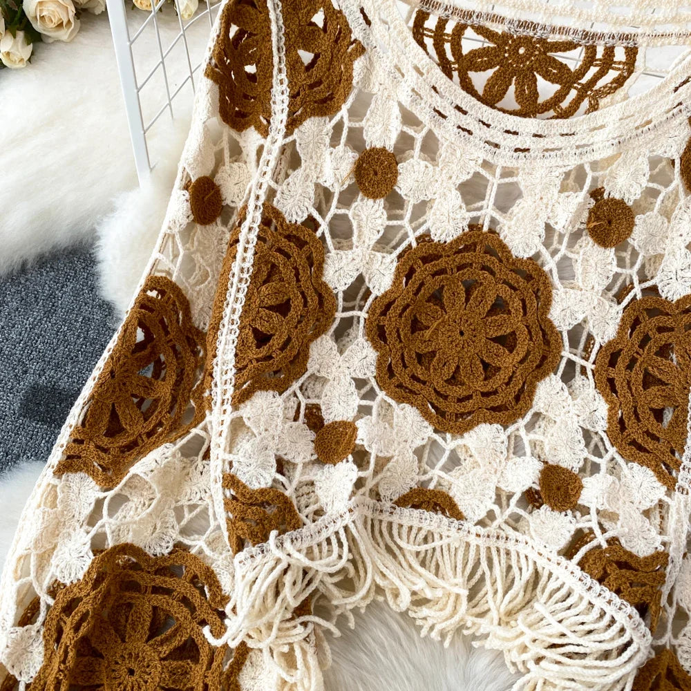 Hook Flower Hollow Out Tops Women Long Lantern Sleeves Tassels Vintage Bohemian Loose Beachwear Hotsweet Knit Blouse