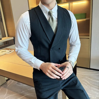 High-end Double-breasted Suit Vest With Pants 2024 New Men Fashion Slim Business Casual Best Groom Wedding Dress Vest  2 Pcs Set