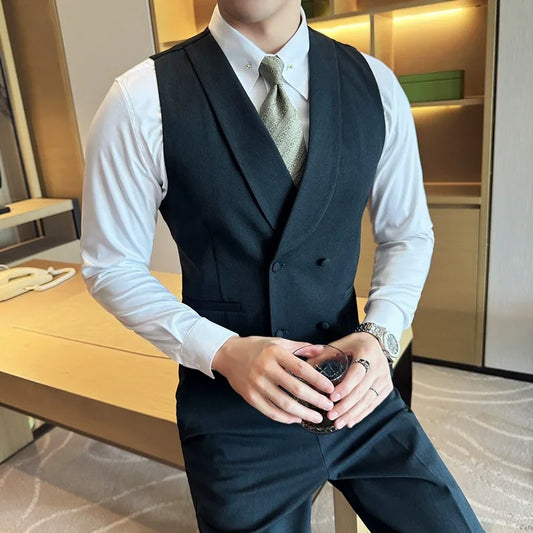 High-end Double-breasted Suit Vest With Pants 2024 New Men Fashion Slim Business Casual Best Groom Wedding Dress Vest  2 Pcs Set