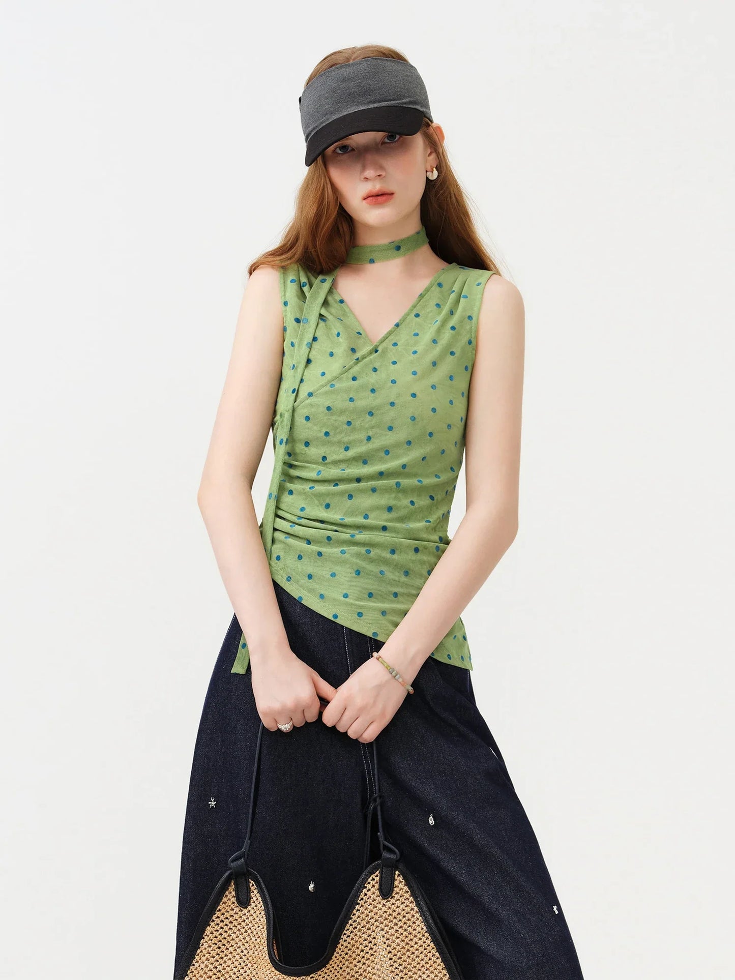 Women's 2026 Summer New Polka Dot V-Neck Waist Tie Camisole Top | Elegant Sleeveless Blouse for Beach Vacation Outfits Tops