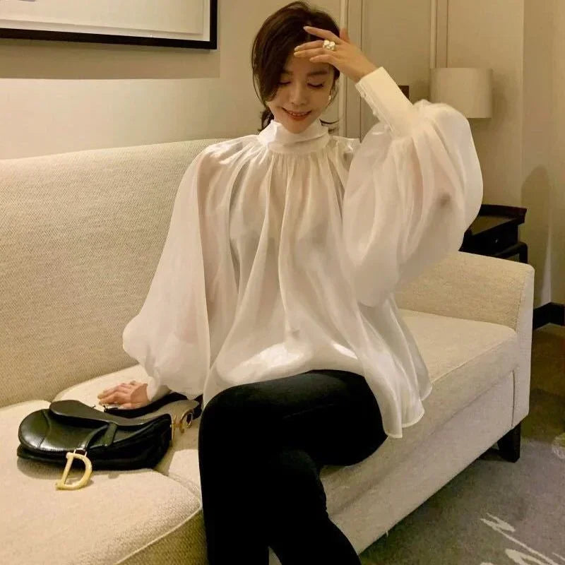 Spring Autumn Women Fashion Tops New Shirts Lantern Sleeve Stand Collar Solid Casual Vintage Elegant Temperament Long-Sleeved