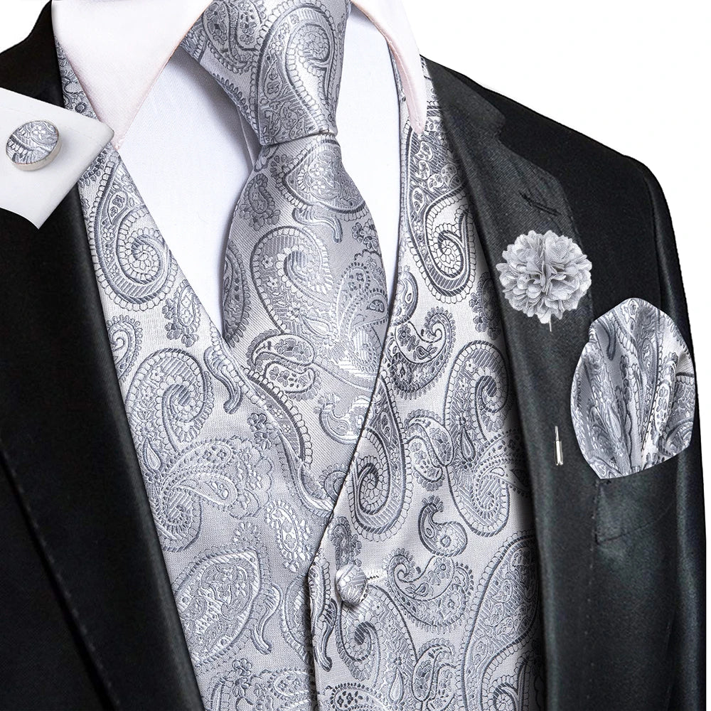 Navy Blue Mens Silk Vests Business Paisley V-Necl Waistcoat Tie Hanky Cufflinks Brooch Set for Men Suit Wedding Formal Hi-Tie