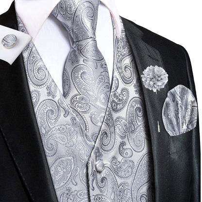 Navy Blue Mens Silk Vests Business Paisley V-Necl Waistcoat Tie Hanky Cufflinks Brooch Set for Men Suit Wedding Formal Hi-Tie