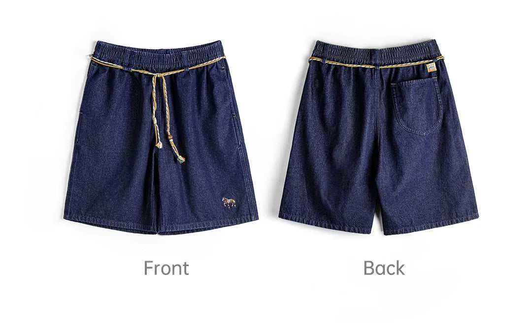 Men's Washed Denim Blue Jean Shorts American Retro Workwear Embroidered Straight Five Inch Thin Casual Summer Bottoms