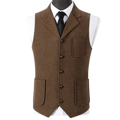 Men Vest Brown Herringbone With Lapel Waistcoat For Wedding Groom Banquet Business Casual Work Men Suit Vest