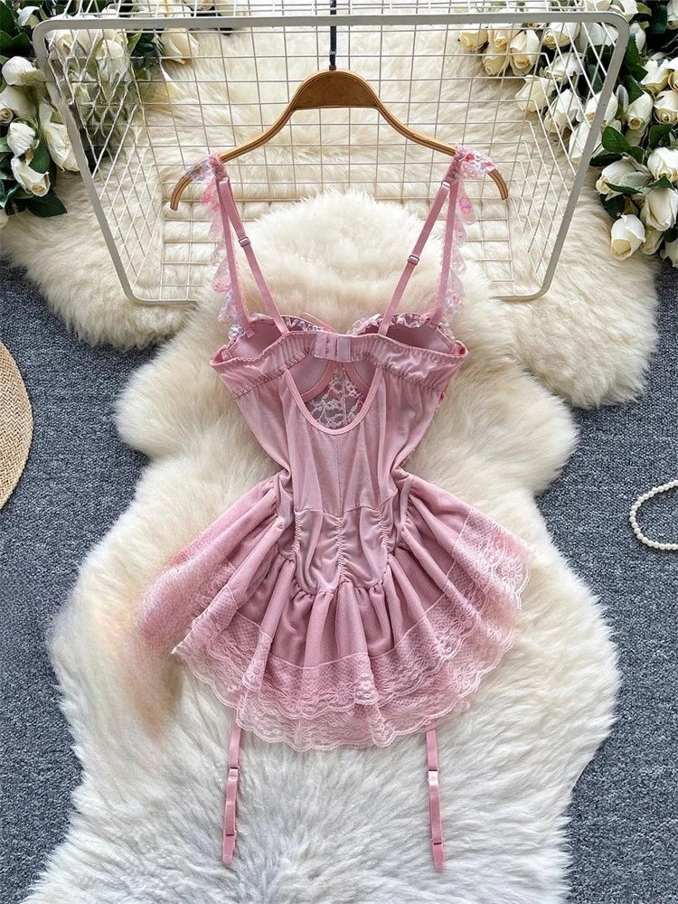 Woman Fashion Sexy Strap Dress New Sleeveless Slim Floral Print Mini Dress Comfortable Breathable Mesh Lace Mini Dress