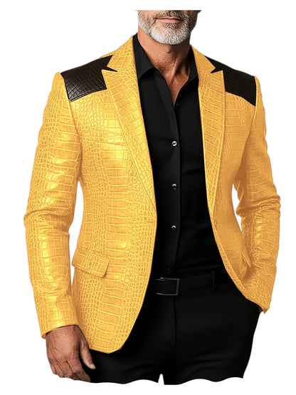 Men's Crocodile Pattern Leather Blazer Patchwork PU Leather Suit Jacket Notched Lapel Slim Fit Business Casual Coat Outerwear