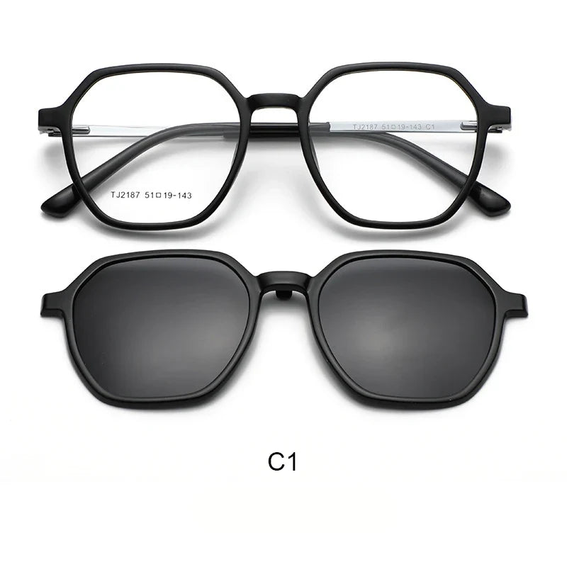 Magnetic Clip on Glasses Women Driving Polarised Polygonal Optical Myopia Eyewear Men Custom Prescription Glasses TJ2187