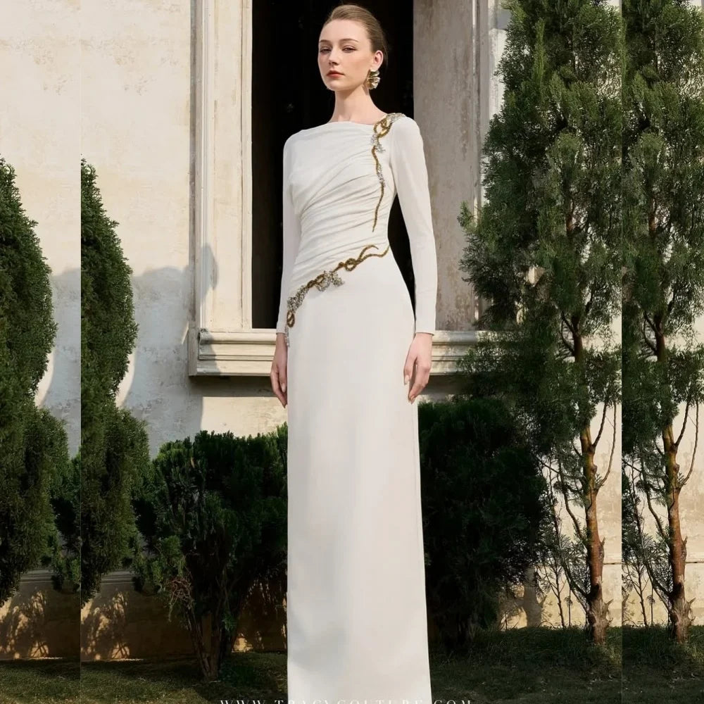 Customized Intricate Matching Jersey Sequined Pleat A-line Scoop Neck Long Dresses Bespoke Occasion Elegant