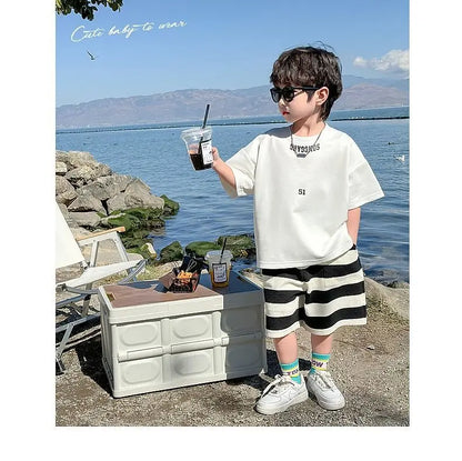 Summer Boys Cotton Leisure White T-Shirt Tops+Contrast Stripes Shorts Pant Set School Kids 2PCS Tracksuit Children Outfit 3-14Yr