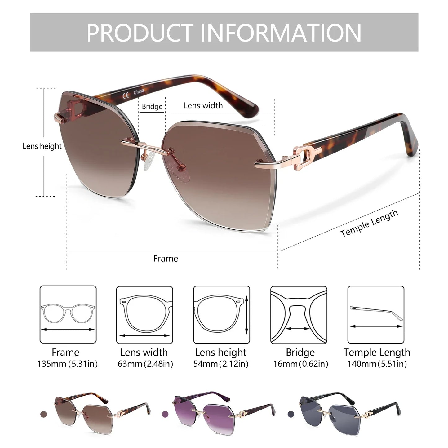 Fashion Women Rimless Sunglasses for Ladies Trendy Geometric Diamond Cutting Gradient Lens UV Protection Shades