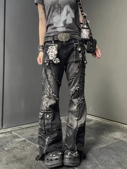 Japanese Y2K 2026 Autumn Winter Women's Denim Flared Jeans Bell Bottom Designer Kpop 2000s Pants Dark Academia Cargo Goblin Core