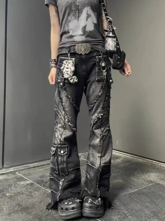 Japanese Y2K 2026 Autumn Winter Women's Denim Flared Jeans Bell Bottom Designer Kpop 2000s Pants Dark Academia Cargo Goblin Core