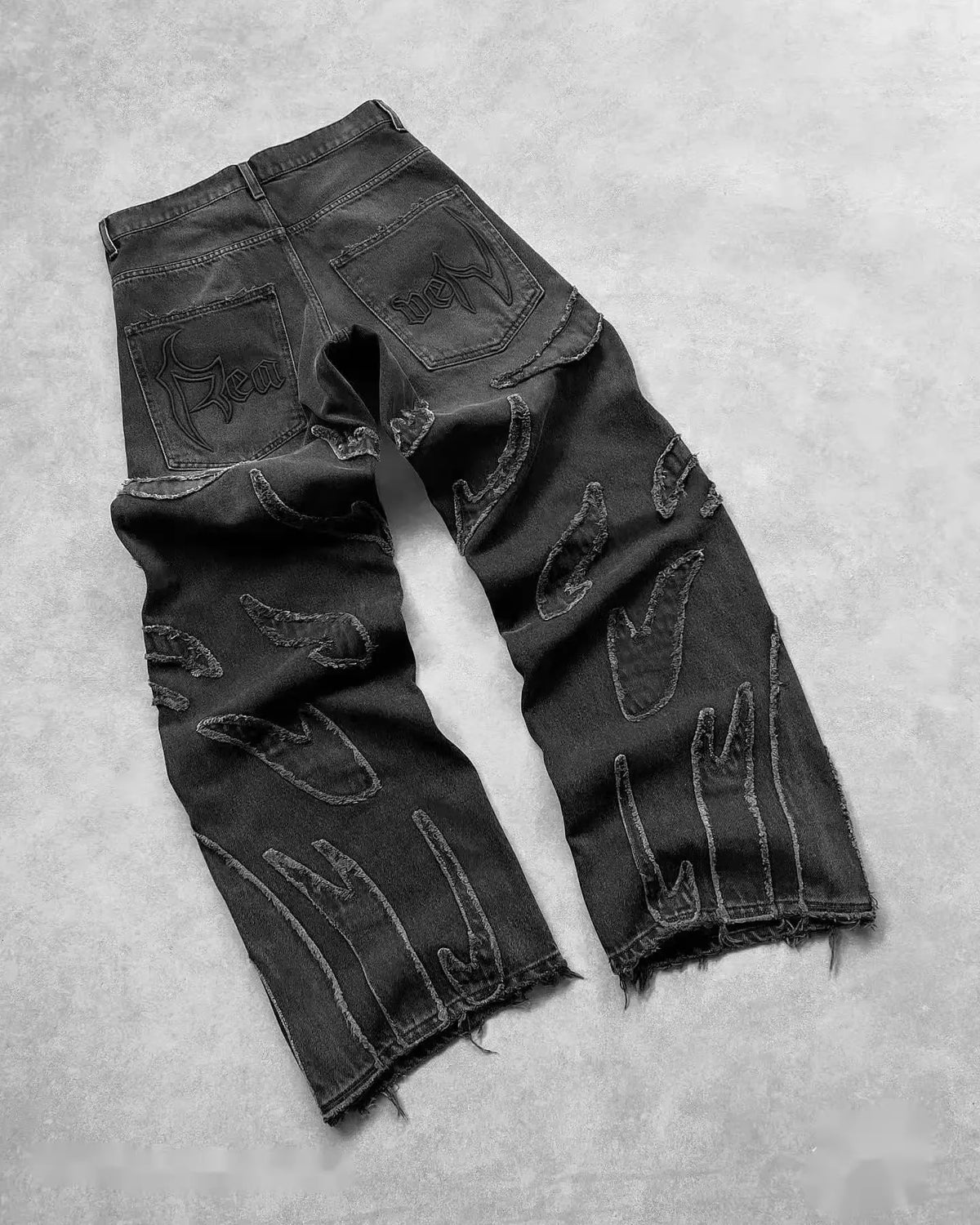 Mens Jeans Y2K Vintage Streetwear Black Wide Leg Denim Pants Ripped Patchwork Raw Hem Distressed Loose Fit Dark Punk Fashion