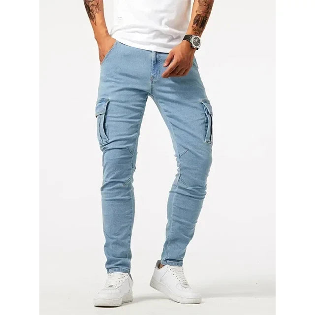 Street Elastic Jeans Men Denim Cargo Pants Wash Solid Color Multi Pockets Casual Mid Waist Trousers Slim Fit Daily Wear Joggers