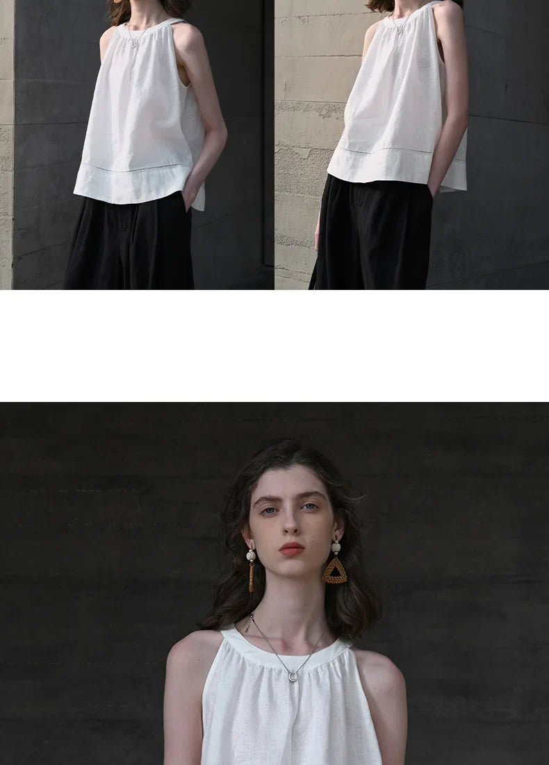 100% Linen Halter Tops Women 2026 Summer New Round Neck Sleeveless Tank Top French Office Ladies Loose Camisoles
