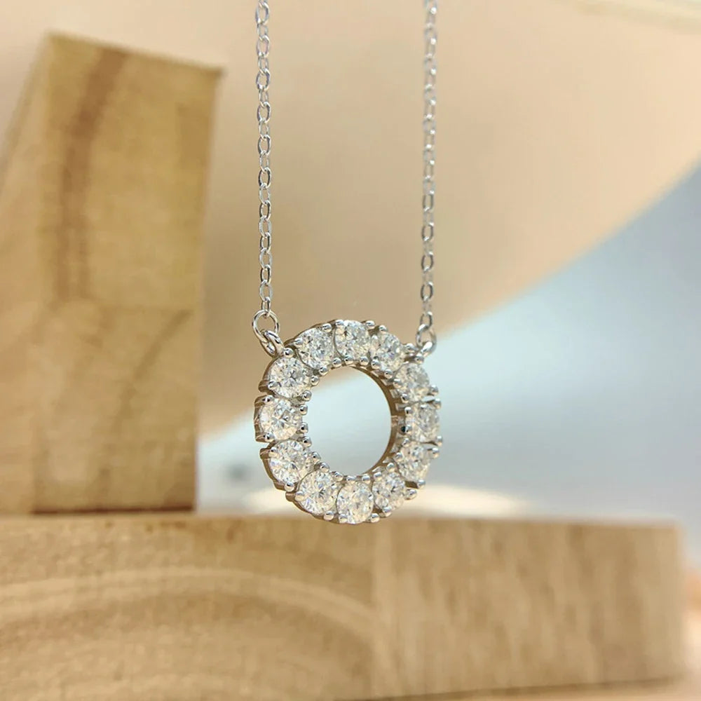 Full Moissanite Round Pendant Necklace Original 925 Sterling Sliver Chain Plated 18k White Gold Fine Necklace for Women