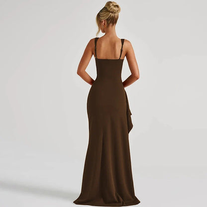 Women Elegant Solid Straps Slit Ruched Patchwork Sexy Bodycon Maxi Dress Summer Outfits Evening Party Birthday Festival