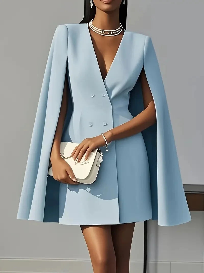 Women Fashion Commuter Solid Blazers Dress Office Double Breasted Waist Party Dress Elegant V-neck Shawl Cape Sleeve Midi Dress