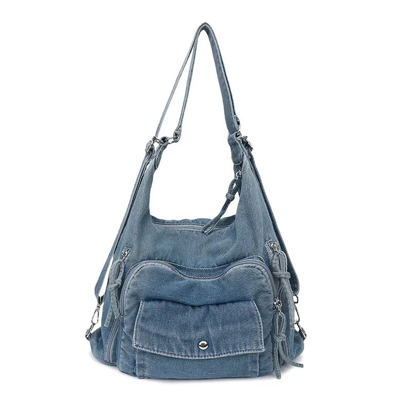 Solid Color Denim Trendy Shoulder Bag for 2025 High Quality Fashion Zipper Large Capacity Versatile Women's Crossbody Bag