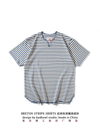Summer men's pure cotton T-shirt, retro striped V-neck T-shirt from the United States, fashionable and versatile casual style